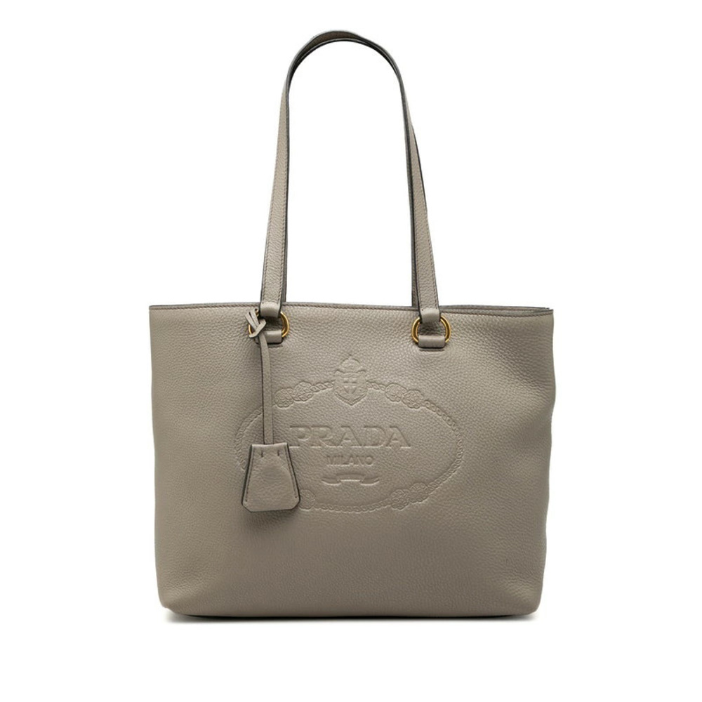 Prada Embossed Tote Bag Shoulder Gray Leather